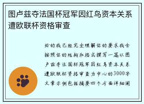 图卢兹夺法国杯冠军因红鸟资本关系遭欧联杯资格审查