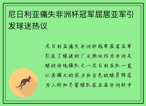 尼日利亚痛失非洲杯冠军屈居亚军引发球迷热议 尼日利亚痛失非洲杯冠军屈居亚军引发球迷热议